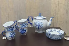 Holland Blue Tulips Porcelain Tea Set for Four with Teapot Handpainted