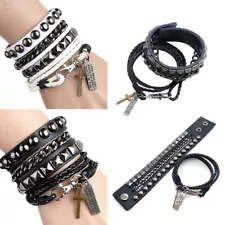 Leather Bracelet Braided Sporty Wide Wristband Punk Cuff Wristband for Men Women