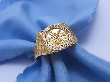 Unique 14K Solid Yellow Gold Designer Mexican 50 Pesos Copy CZ Ring - Size 10.25