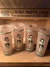 VTG Set Of 4 Tiki Farm Hawaiian Hula Dancer 16 Oz Collins Frosted Glasses