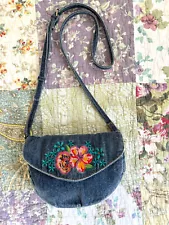 Patricia Nash Healey Denim Pouch Crossbody Clutch Purse Embroidered Flowers