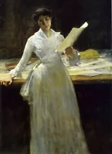 Oil painting William Merritt Chase - Memories young lady holding a painting 36"