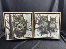 PAIR Vintage Original Oil Paintings MCM OWLS Lee Reynolds Framed Canvas Signed