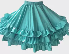 Teal Green 3 Ruffle Square Dance Skirt Large/XL Elastic Waist 30"-44" L23"