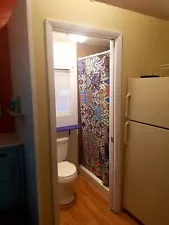 tiny house for sale in Miami. 24 feet. Blue exterior, beige walls with pattern