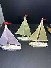 Wooden Ship Model- Sailboat SLOOP 10" Tall White Sails Hull Green Yellow Purple