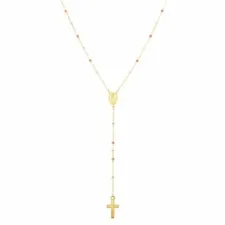 26" Polished Rosary Inspired Necklace Real 14K Tri-Color Gold 2.6gr