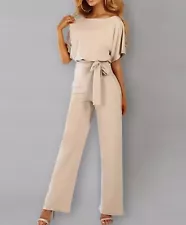 Women's Batwing Sleeve Belted Elegant Jumpsuit - Apricot - S (4)