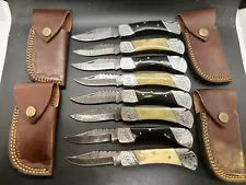 Lot of 8 HAND FORGED DAMASCUS Steel Folding Lock back Pocket Knife with Sheath