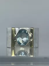 Elegant Sterling Silver 925 Aquamarine Oval Stone Ring- Two Toned- 7”- 4.7g