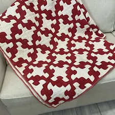 Vintage Red And White Drunkard’s Path Hand Made Quilt 76” X 70”