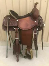 WILDRACE Western D brown Leather Hand carved Roper Ranch Saddle