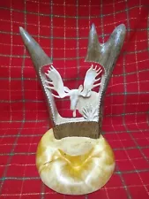 Carved Moose Antler Sculpture Art Moose & Cattails On Wooden Base