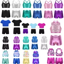 Kids Girls Sequins Dance Costume Ballet Gymnastics Outfits Crop Tops and Shorts