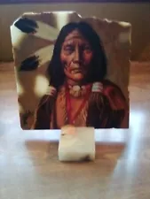 Native American Indian Chief Oil Painting On Marble Slab Signed . Estate sale.