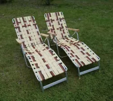 Vintage PAIR of Brown Cream Webbed Outdoor Lawn Folding Chairs Chaise Lounge