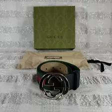 Gucci GG Monogram Logo Buckle Stripe Web Belt Green & Red Authenticated 80•32