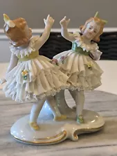 Dresden Germany rare Two Dancing Girls figurine * yellow bow chipped *