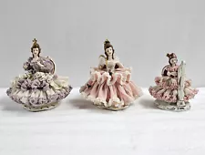 3 Dresden Lace Figurines 5" Lady Sitting in Chair Playing Harp Holding Fan Lot