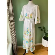 Vintage Leandra Womens White Floral Boho Hippie Festival Kaftan Dress 1970s 70s