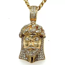 14k Gold Jesus Head With Diamonds And 14k Miami Cuban Link Solid