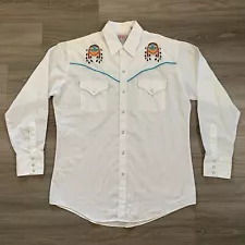 Vintage Ely Diamond Shirt Mens Large White Pearl Snap Dream Catcher Western