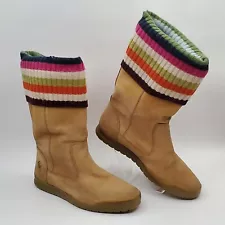 COACH Boots Womens 7 Tan Leather TATUM Legacy Stripe Calf Sock Cuff Shoes READ