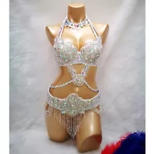 Women Beaded Samba Belly Dance Costume Carnival Outfit(Bra Belt Necklace) Silver