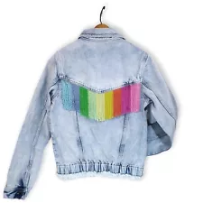 Biting Lips w/ Rainbow Dripping Paint Women's Jean Jacket size L