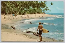 Postcard Rincon Puerto Rico, World Famous for Surfing, guy with surfboard beach