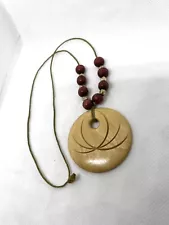 Wooden Bead W/ Wooden Carved Pendant Corded