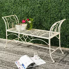 Wrought Iron Outdoor Garden Bench Victorian Scroll Patio Accent Seat White