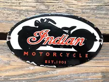 VINTAGE INDIAN MOTORCYCLE EST. 1901 MOTOR OIL SALES & SERVICE GAS PORCELAIN SIGN