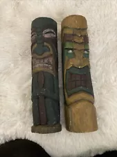 Vintage Set Of 2 Hand Carved Wooden TIKI Totem Statue Poles