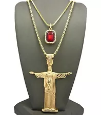 ICED HIP HOP GOLD PT LIL BOOSIE CHRIST REDEEMER & RUBY STONE CHAIN NECKLACE SET