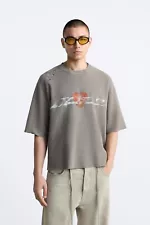 NWT ZARA Men's Ripped Waffle Knit Print Taupe Brown T-Shirt Large L