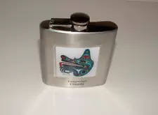 Stainless Steel 6oz Hip Flask, Joe Wilson NW Artist "The Wolf" Design, pre-owned