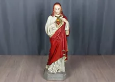 Antique 22.5" Sacred Heart of Jesus Christ chalkware plaster statue hand painted