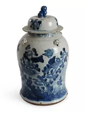 18" in Jar Blue and White Bird Flower Foo Chinese Ginger Temple Jar Chinoiserie