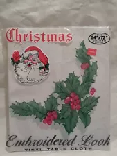 Vintage White Christmas Tree Holly Wreath Tablecloth Oblong NOS Package 54"×72"