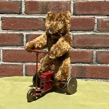 ANTIQUE Vintage Teddy Bear WIND UP TRICYCLE TIN TOY 1930's French Pintel "Biker"