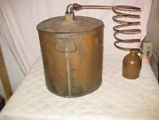 NICE Antique Copper Moonshine Still w/Coil + OLD Brown Mini Jug-A MAN CAVE MUST!