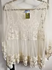 NWT Pink Melo crochet laced Boho long sleeve blouse M white cotton blend