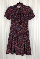 Pink Martini Size S Navy Blue Red Bird Print Short Sleeve Dress Tie V-Neck