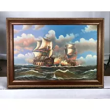 J. Harvey Ships Battle at Sea Signed Oil Painting Large Framed Battling Art