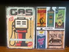 24/7 GAS STATION+OIL+ANTI-FREEZE+VINTAGE METAL SIGNS 8”x12”LONG NIP REPLICAS