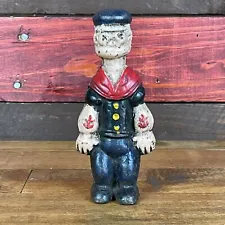 Popeye Sailor Man 5" Cast Iron Bank Figurine Antique Finish W/ Yellow Hat