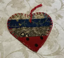 Small Heart Ornament, Vintage Patchwork Quilt, Log Cabin, Red, Blue, Beige