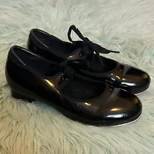 Dance Womens Size 6.5 Tap Star Ribbon Tie Elastic Tap Shoes Black Patent