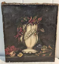 ANTIQUE OIL ON CANVAS VICTORIAN GEORGIAN PAINTING STILL LIFE FLOWERS VASE